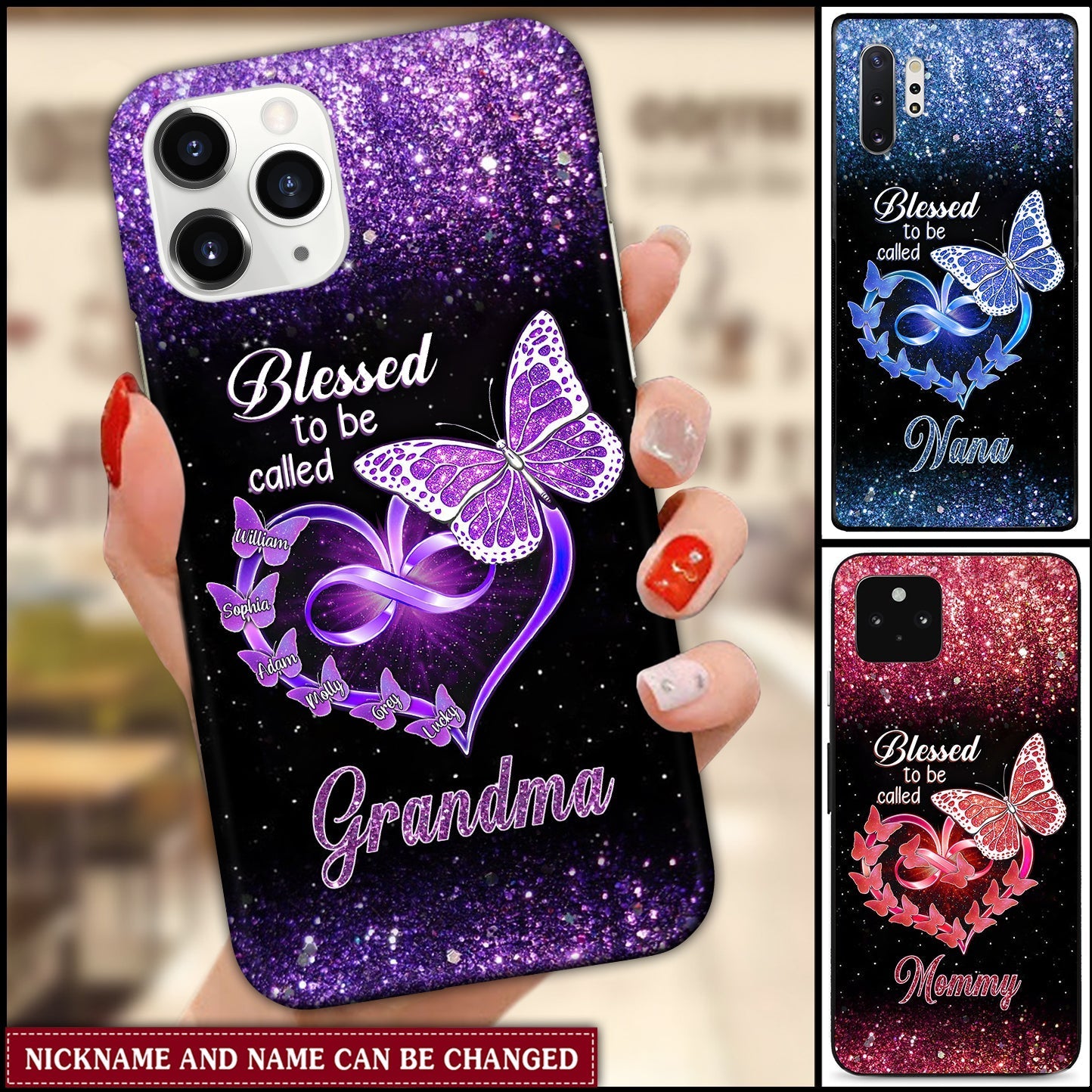 Personalized Blessed To Be Called Grandma Mom Heart Butterfly Kids Glass Phone case